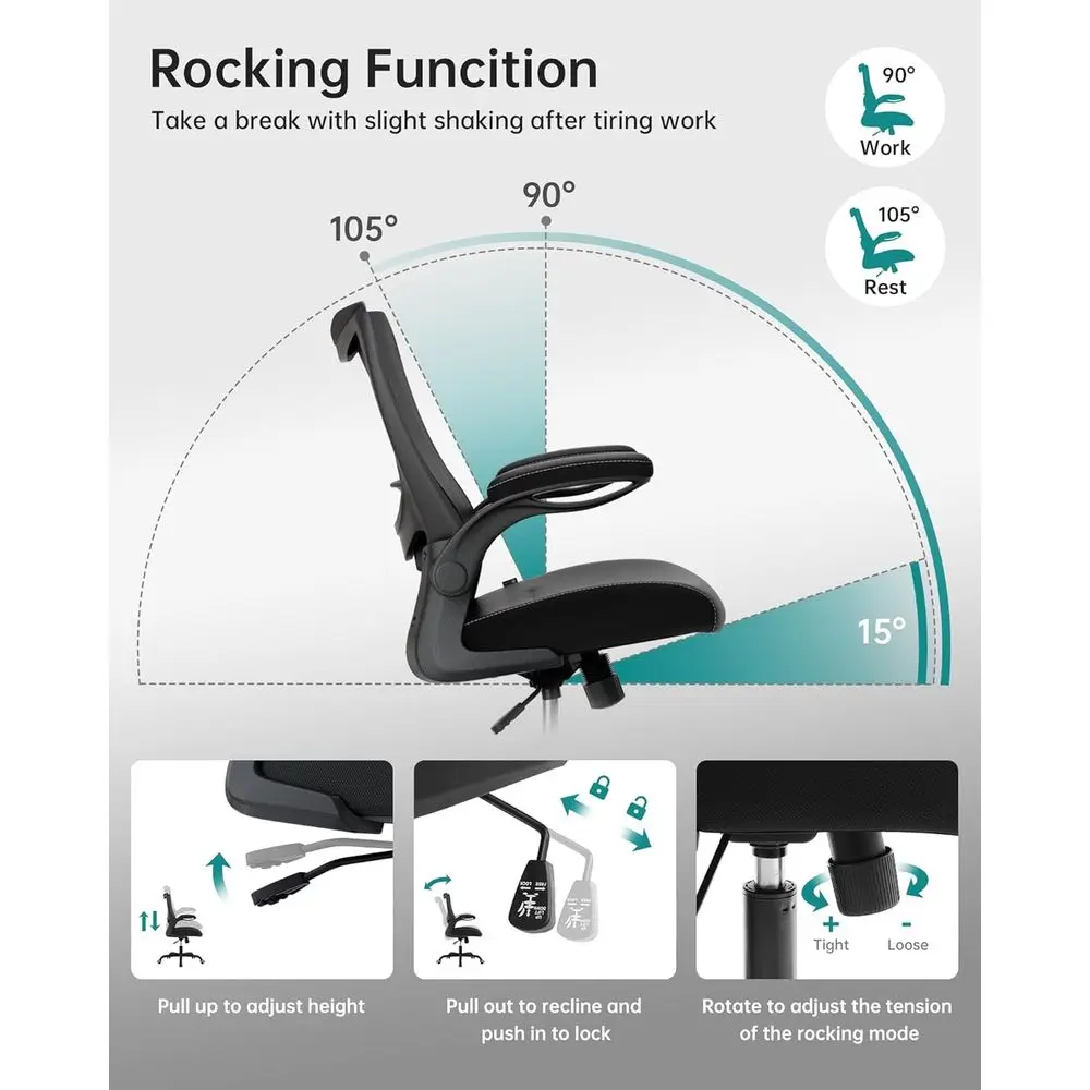 كرسي مكتب مريح من جلد البولي يوريثان مع دعم قطني قابل للتعديل ومساند للذراعين قابلة للطي، شبكة مسامية للمكتب المنزلي المريح #5