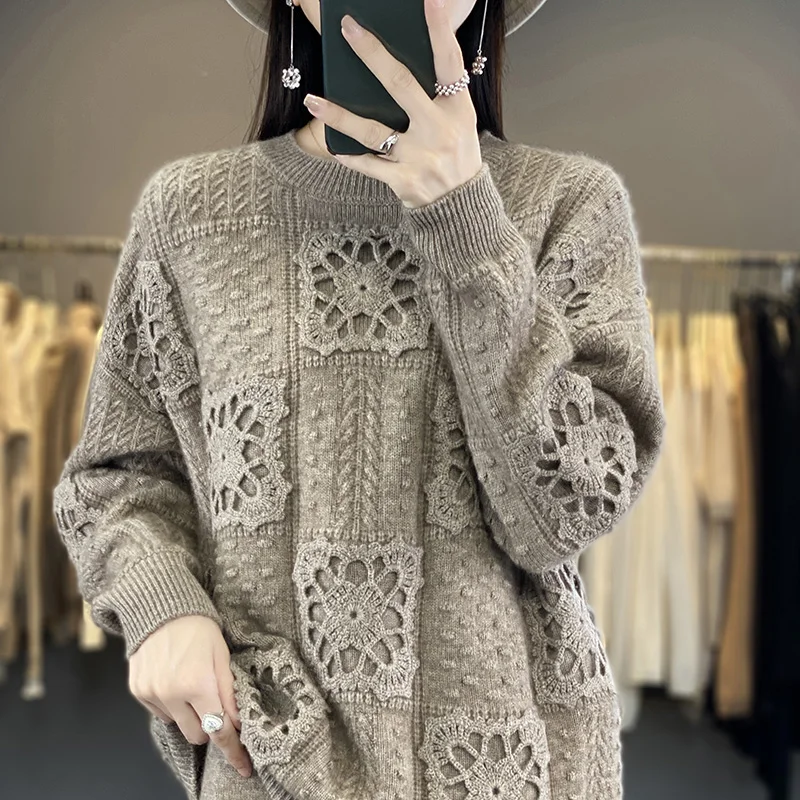 RONGYI Cashmere Pullover Autumn/Winter New 100% Pure Wool Sweater Casual Thickened Round Neck Knit Loose Solid Color Ladies Tops