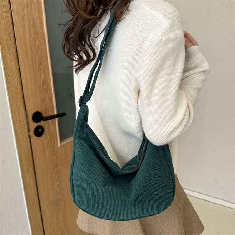 Corduroy Shoulder Bag Minimalist Crossbody Bag Women\'s Handbags Fashion Fabric Underarm Bag Solid Color Zipper Female Handbag