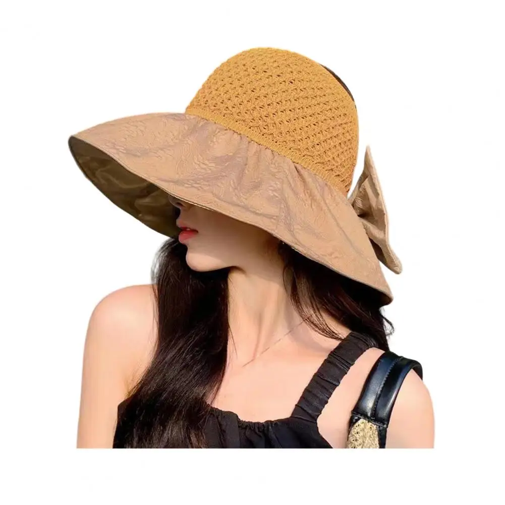 

Sun Hat with Bow Design Foldable Breathable Hollow Woven Large Brim Jacquard Fabric UV Protection Cooling Summer Travel Hat Hiki