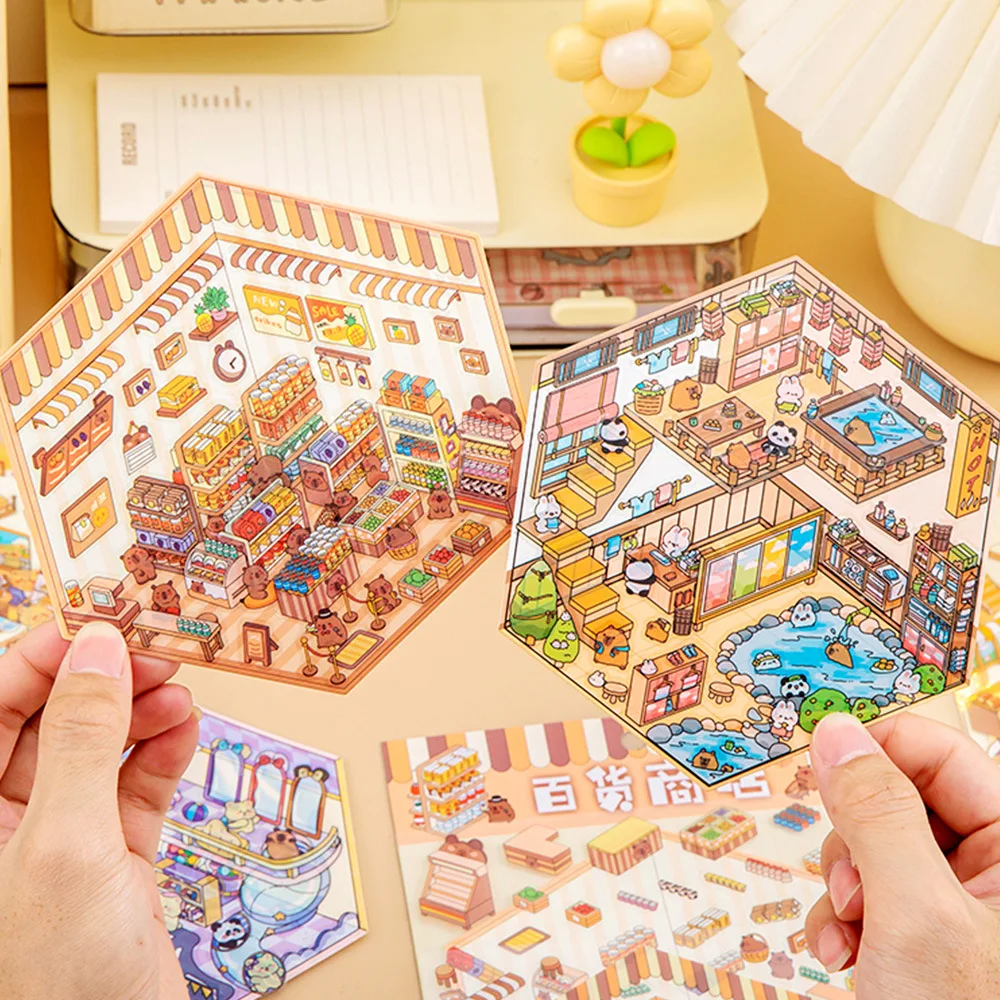 

3D Miniature Scene Sticker Set – Pre-Trimmed, No-Cut Craft Decor for Kids, DIY Journaling & Dimensional Scrapbooking