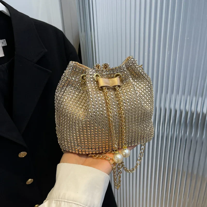 Bolsos de cubo con diamantes de imitación de memoria dulce para mujer, bolsos de hombro con cadena de perlas Retro, bolsos cruzados pequeños brillantes, bolsos femeninos