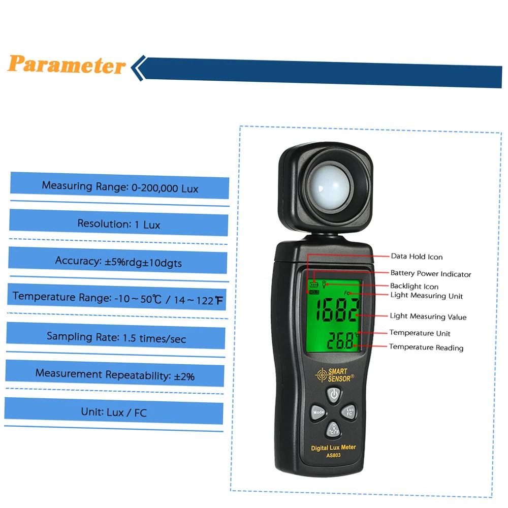 AS803 Mini Digital Lux Meter LCD Display Handheld Illuminometer Luminometer Photometer Luxmeter Light Meter 0-200000 Lux