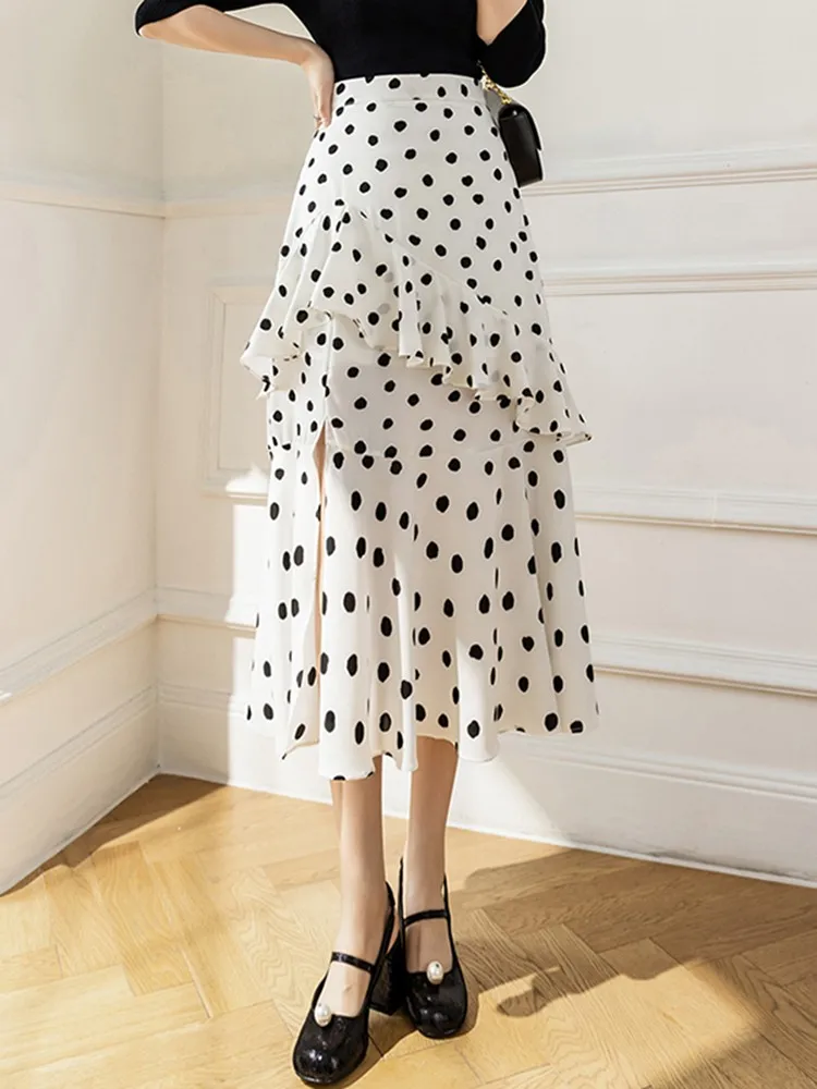 High Waist Chiffon Long Skirts Women New Arrival 2023 Spring Fashion Korean Style Polka Dot Ladies Elegant A-line Skirt W1301