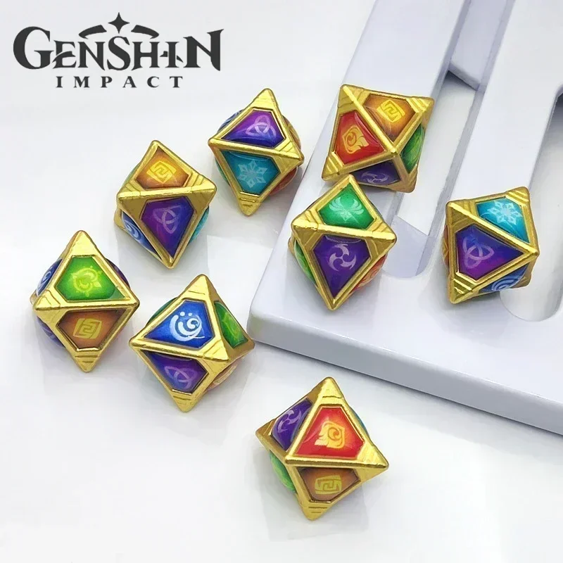 Genshin Impact Genius Invokation TCG Vision Dice Anime Peripherals Metal Cards Diamond Shape Element Necklace Pendant Game Toys