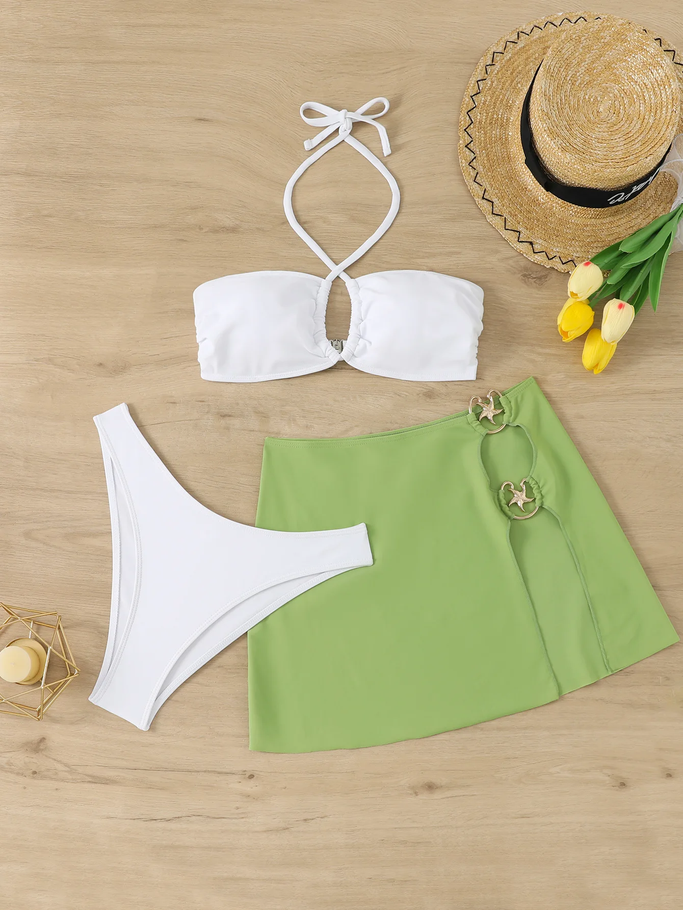sexy halter tie bandeau bikinis sets 3pcs with metal starfish green split mini skirt swimwear swimsuits beach outfits biquini