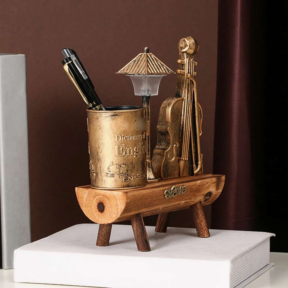 

Violin Night Lamp Pen Holder Retro Desk ganizer 15x7x20cm Golden Tabletop Decor Light Plastic Office Craft Pen