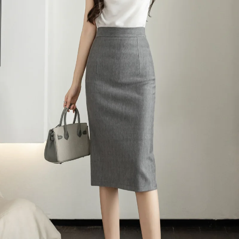 Seoulish Stretchy Solid Color Women's Skirts 2024 New Spring Summer Elegant High Waist Office Lady Style Pencil Midi Skirts