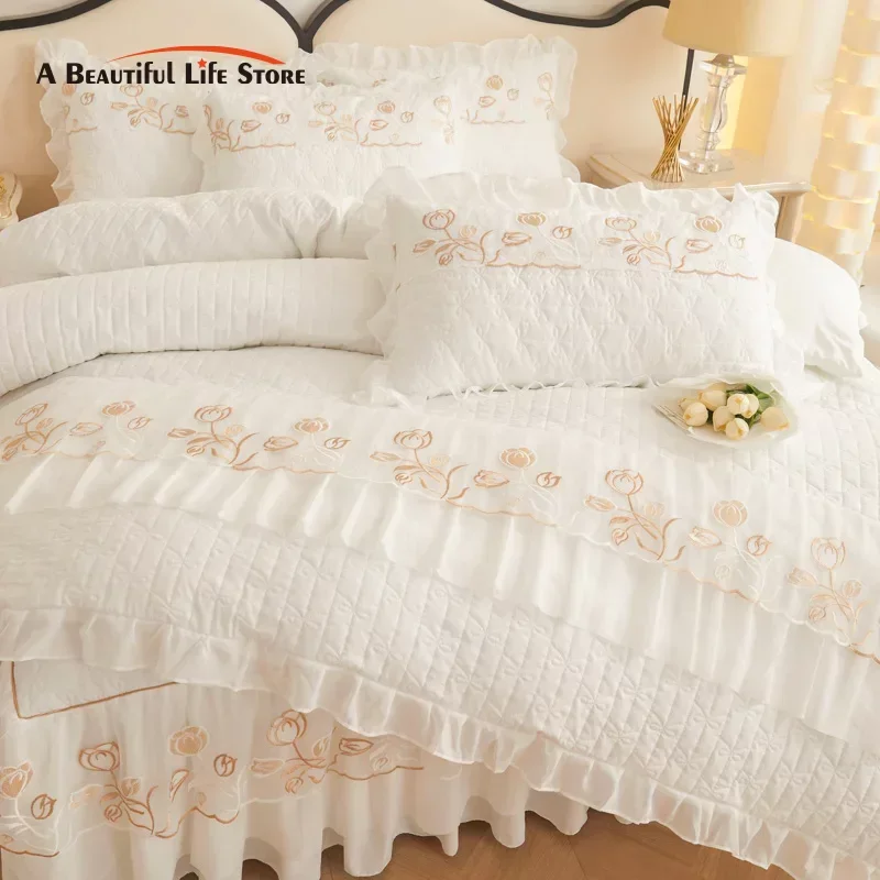 Quilted Embroidery Bedding Set, Duvet Cover, Lace Ruffles, Bed Skirt, Bedspread, Pillowcases, White, Pink, Grey, Blue, Purple