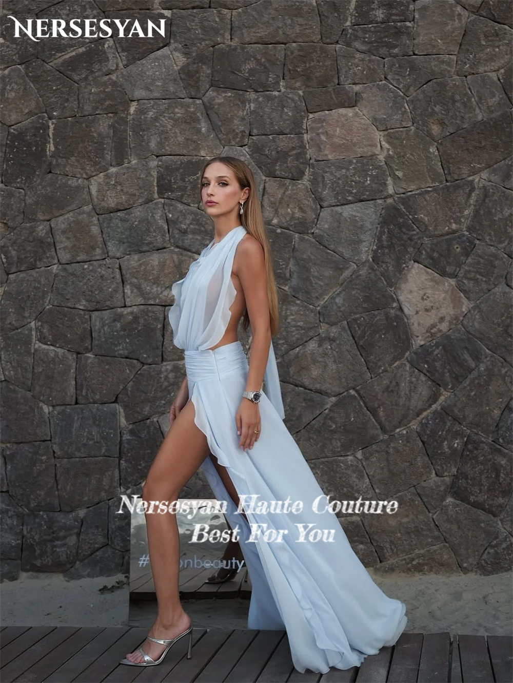 Nersesyan bleu ciel en mousseline de soie Sexy robes de bal licou côté fente volants robe de soirée formelle dos nu robes de soirée 2025 personnalisé