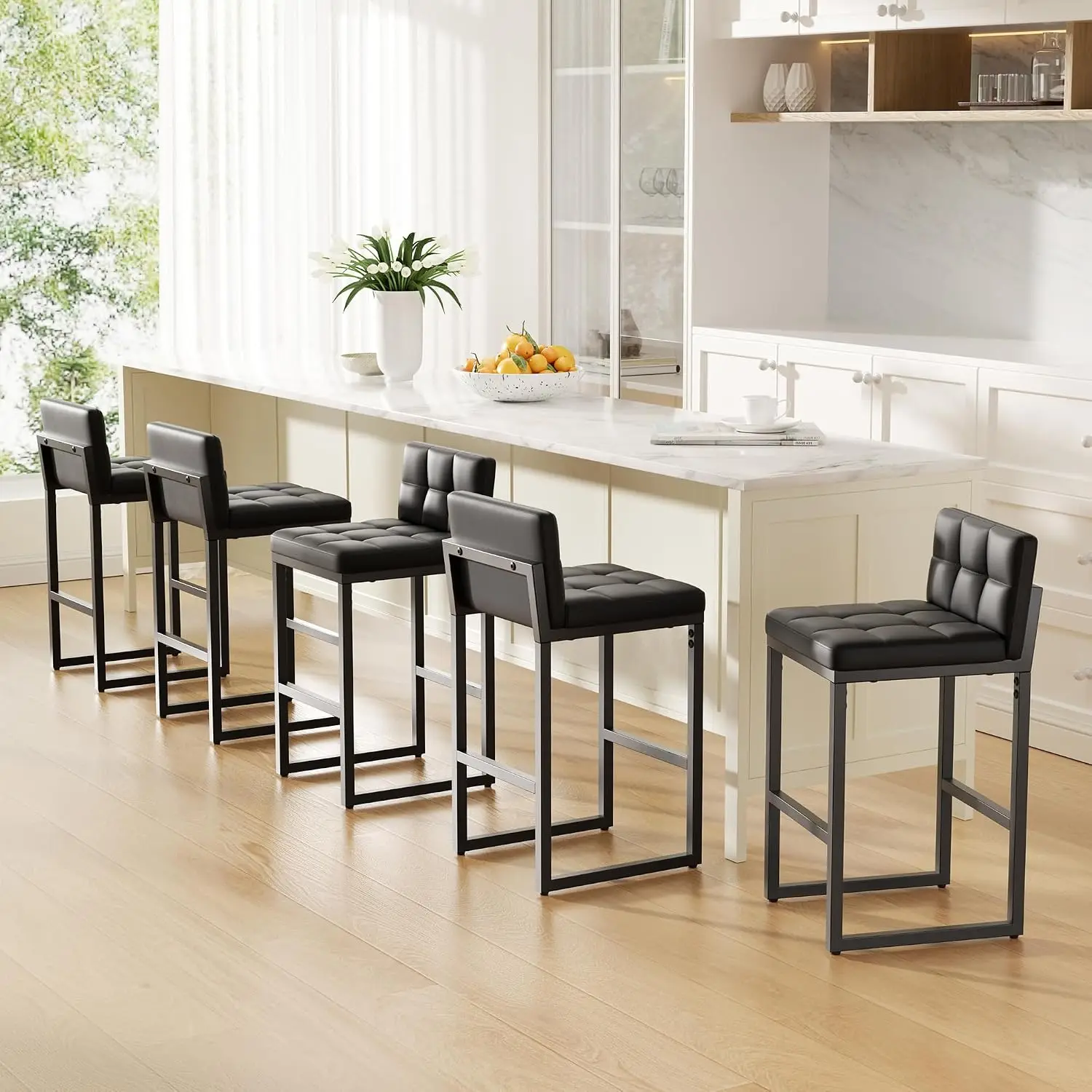 Bar Stools Set of 2, Modern Counter Height Bar Stools, Black | 24" Faux Leather Bar Chairs with Back, Footrest, Sturdy Thickened view 4