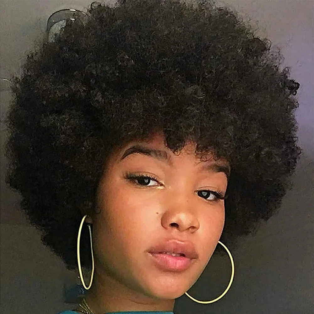 アフロ縮毛ショートピクシーカットウィッグ　巻き毛人毛ウィッグ　前髪付き　女性用　機械製キャップ　ブラジル人毛ウィッグ　日常使い