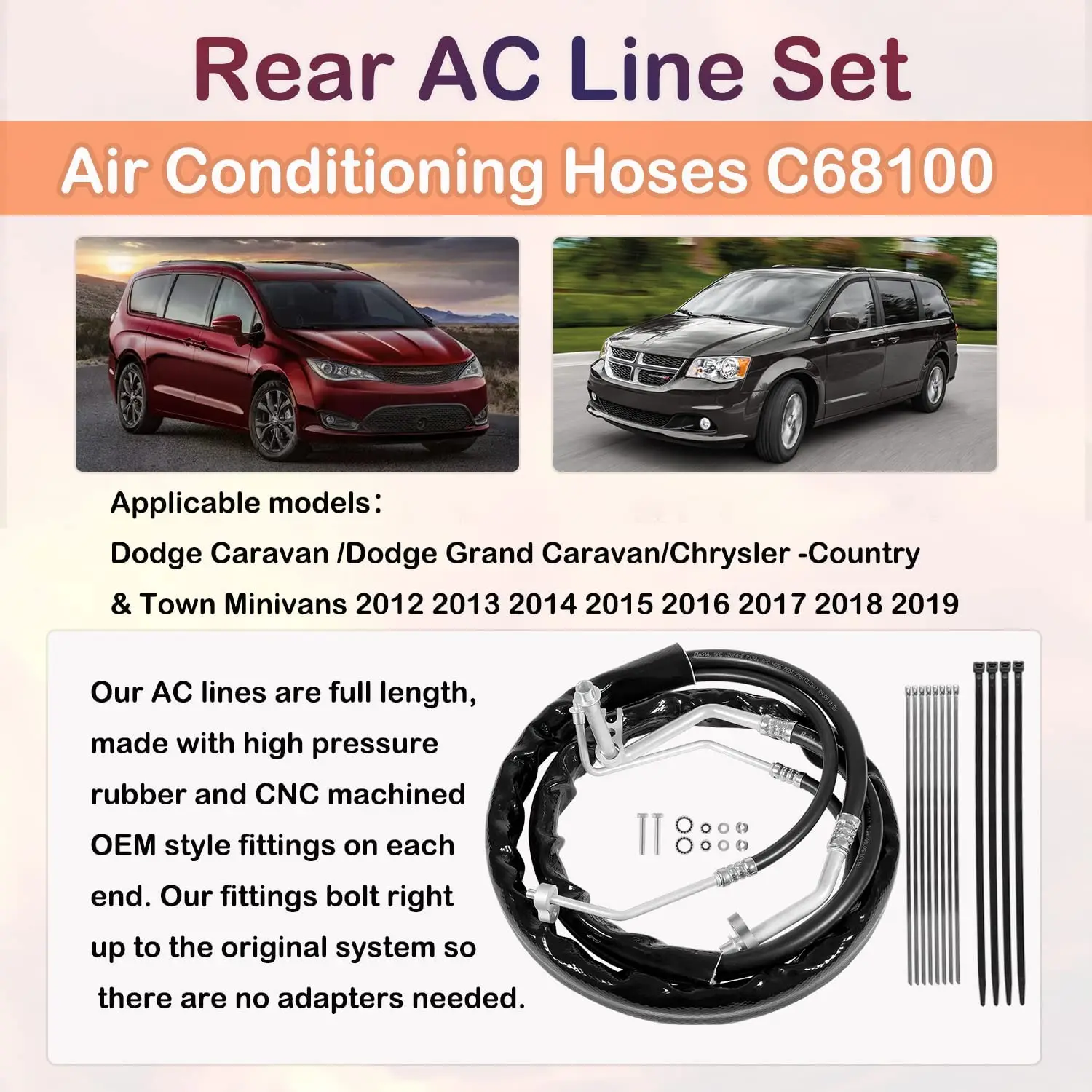 for Rear AC Line Set Air Conditioning Hoses C68100 2012 - 2019 Dodge Caravan、Grand Caravan、Chrysler -Country and Town Minivans