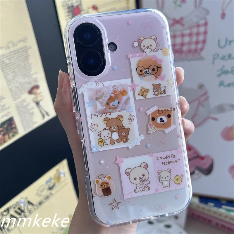 Lovely Rilakkuma Family Portrait Cartoon Pink Phone Case For iPhone17 16 15 14 13 12 11 Pro Max PLUS Y2K Kawaii Shockproof Cover - náhled 3