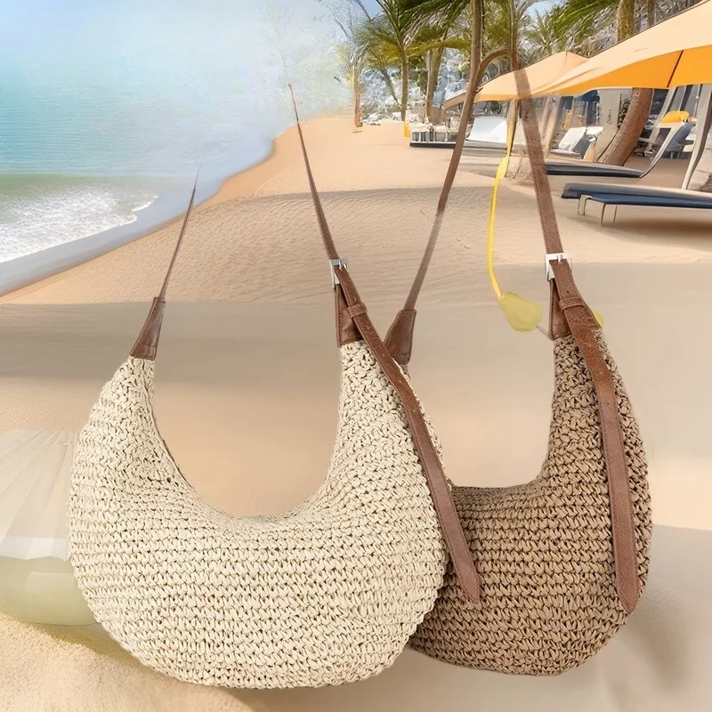 

Повседневные соломенные женские сумки-бродяги, плетеные сумки ручной работы через плечо, винтажная простая летняя пляжная сумка, большая вместительная сумка-тоут