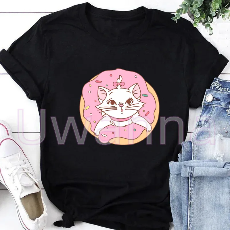 Vintage Clothes Marie Cat T Shirt Summer Women Short Sleeve Kawaii Doughnut Tshirts Funny Harajuku Tops Tee Shirt Dropship