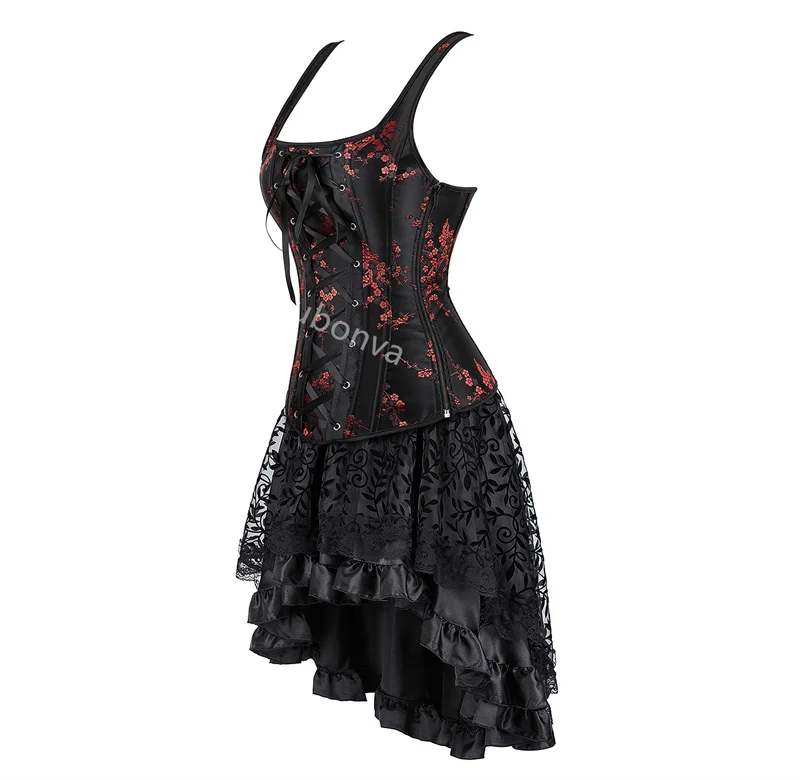 Corset Dress Women Skrit Set Shoulder Strap Lace Costume Party Sexy Burlesque Halloween Basques Outfit Plus Size Black Red