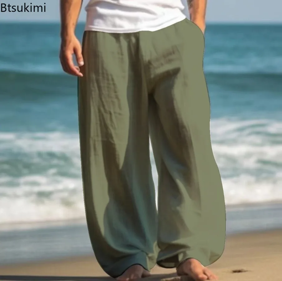 2024 New Men's Solid Color Casual Pants Comfy Soft Breathable Outdoor Sport Pants Men Simple Loose Straight Beach Trousers Male