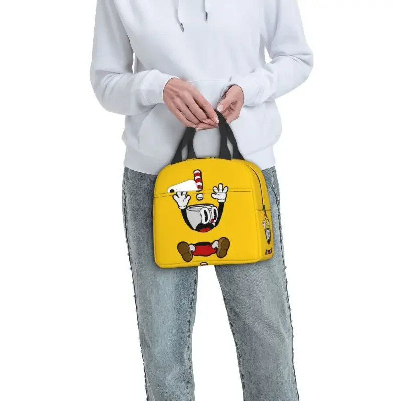 Boîtes à lunch portables Cuphead Mugman pour femmes, sac isotherme, étanche, jeu de dessin animé, sac isotherme pour aliments thermiques, travail de