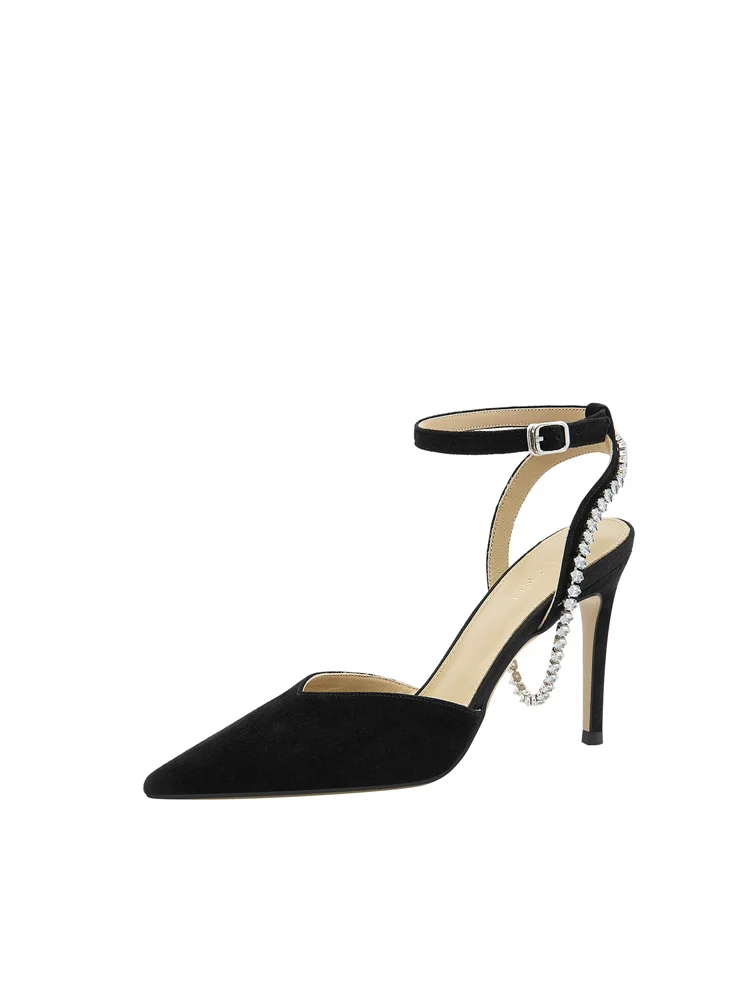 Summer pointed leather suede rhinestone chain low heeled sandals for banquet dresses, big size small size high heels women shoes