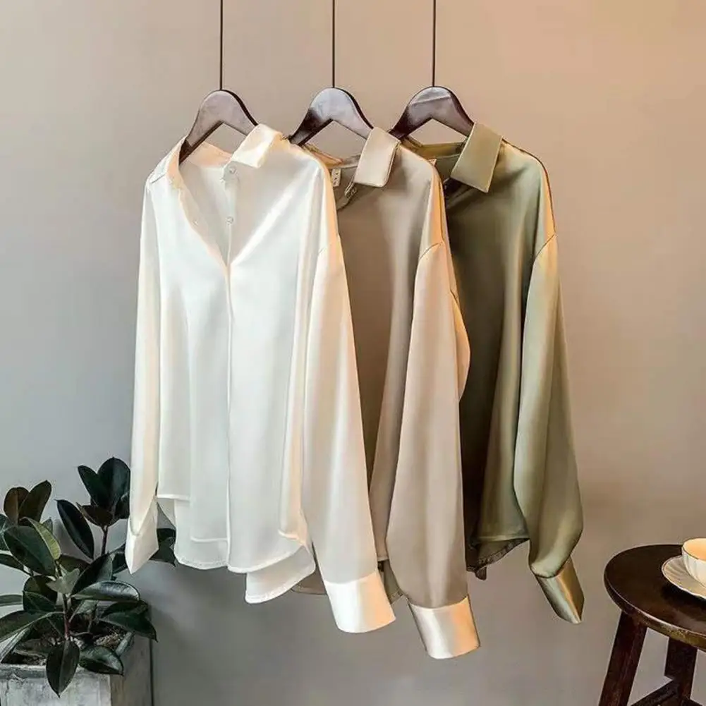 Anti-pilling  Popular Vintage Long Sleeve Draped Office Shirt Lightweight Office Shirt Turn-down Collar   Female Clothing