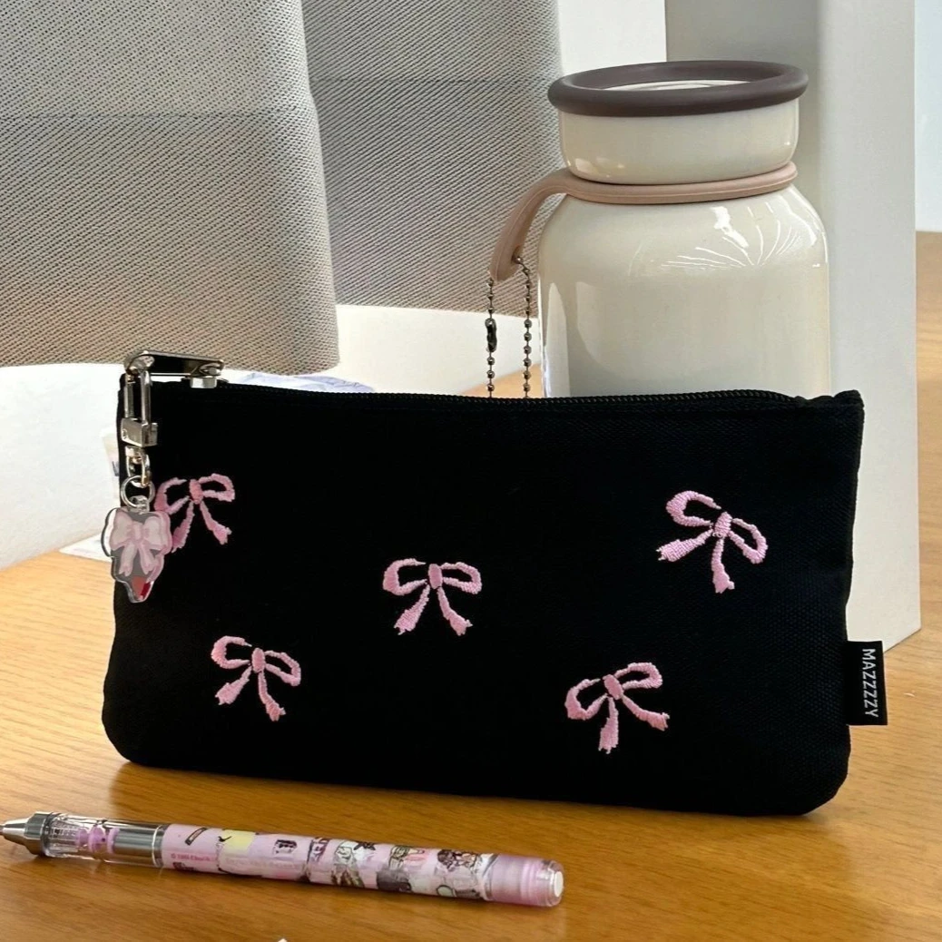 New Canvas Cute Bow Embroidered Bag Bowknot Square Shape Cosmetics Bag Kawaii Cute Print Pencil Case Stationery Storage Bag