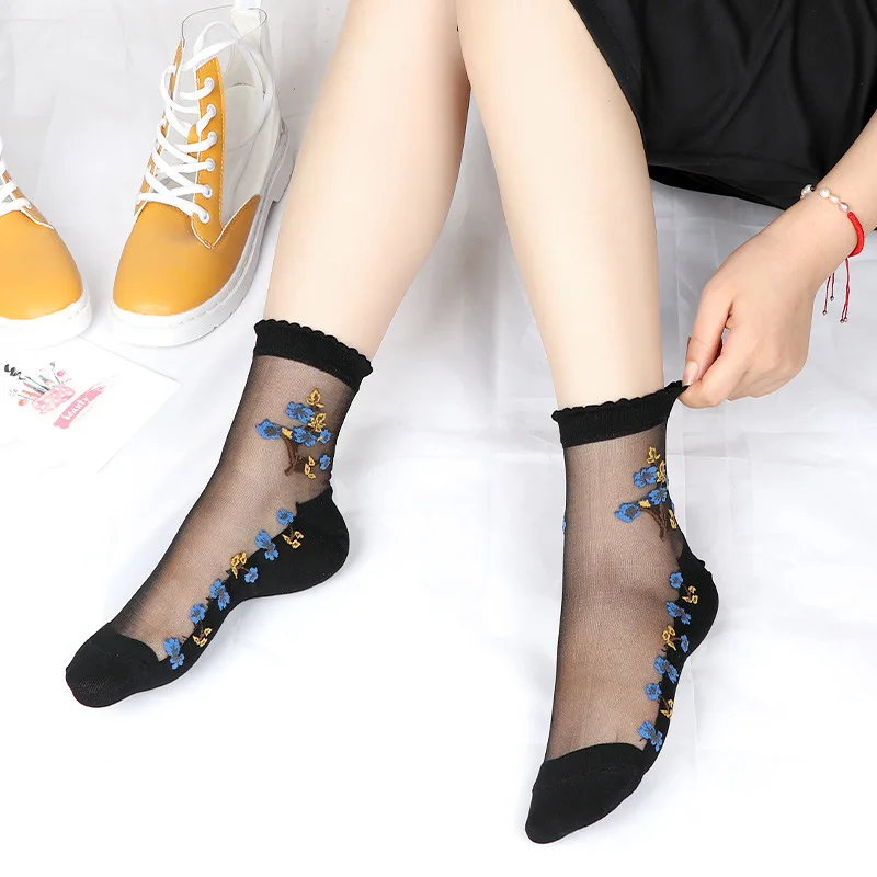 5/10 Pairs Women Floral Print Mid Tube Socks Summer Thin Design Sweat Absorbing Breathable Comfortable Casual Women silk socks ﻿ image 2