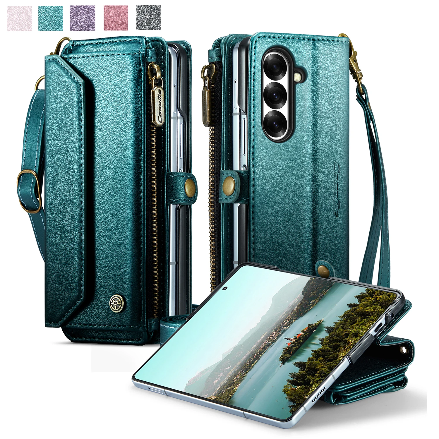 

Caseme-C36 Wallet Case For Samsung Galaxy Z Fold 7 6 5 4 3, Multifunctional Zipper Card Cases Money Bag Long+Short Strap Cover