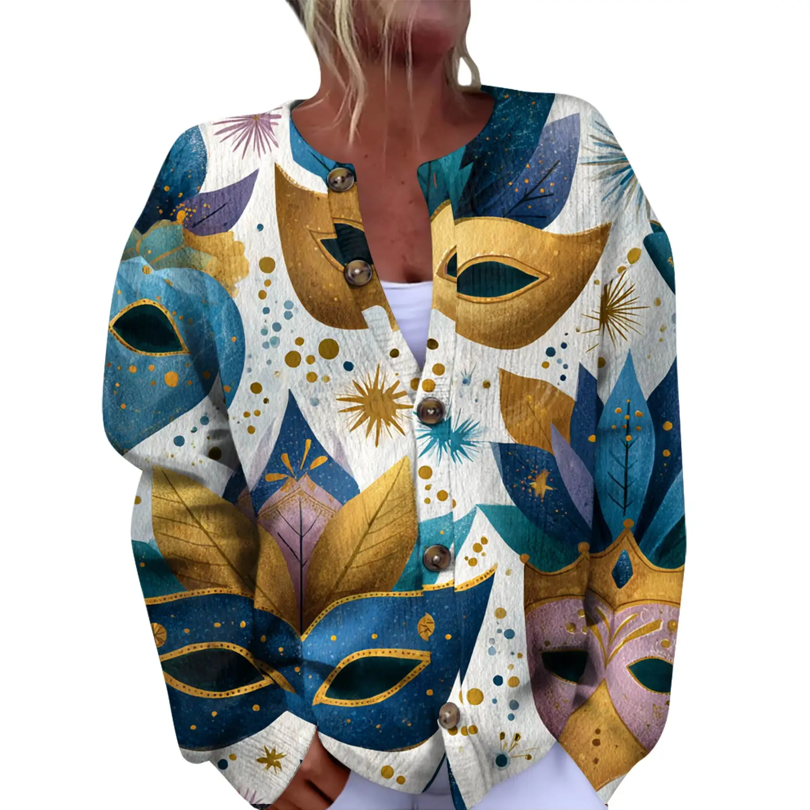 여성 패션 페스티벌 프린트 긴소매 니트 가디건 버튼 프론트 자켓 여성 코트 여성 겨울용