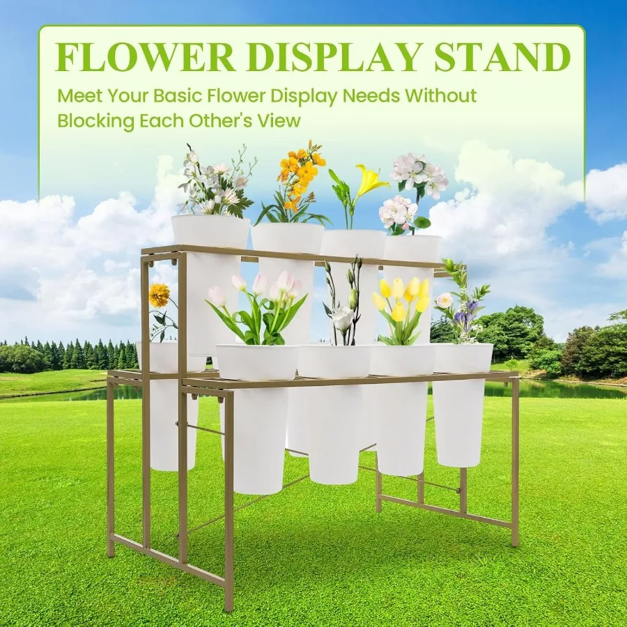 حامل عرض الزهور مع 12 دلو وعجلات لمتجر الزهور بتصميم على الوجهين بإطار ذهبي ودلاء مستديرة بيضاء مثالية