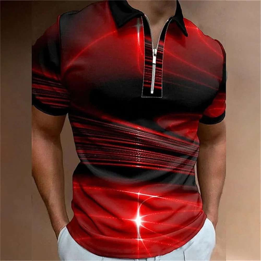 Fashion Men\'s Clothing Polo Shirts Casual Turn-Down Collar Zipper Golf Wear Ladder Print Short Sleeve Tee Shirt Men Polos Tops