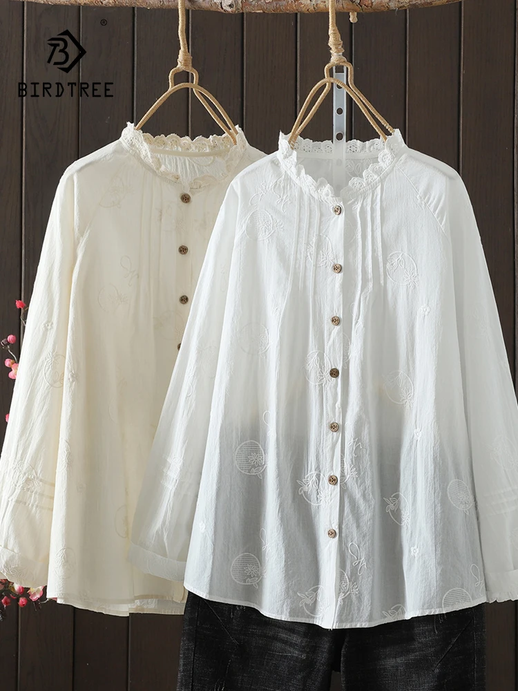 

New 2025 Autumn Cotton Long Sleeve Shirt, Women Stand Folds Jacquard, Mori Girl Age Reduction Ruffles Chic Loose Blouse T57950CC