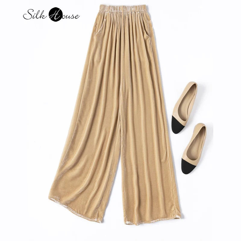

Sand Brown 30% Natural Mulberry Silk Velvet Skin Friendly Retro Elegant Versatile Women's Casual Straight Leg Pants