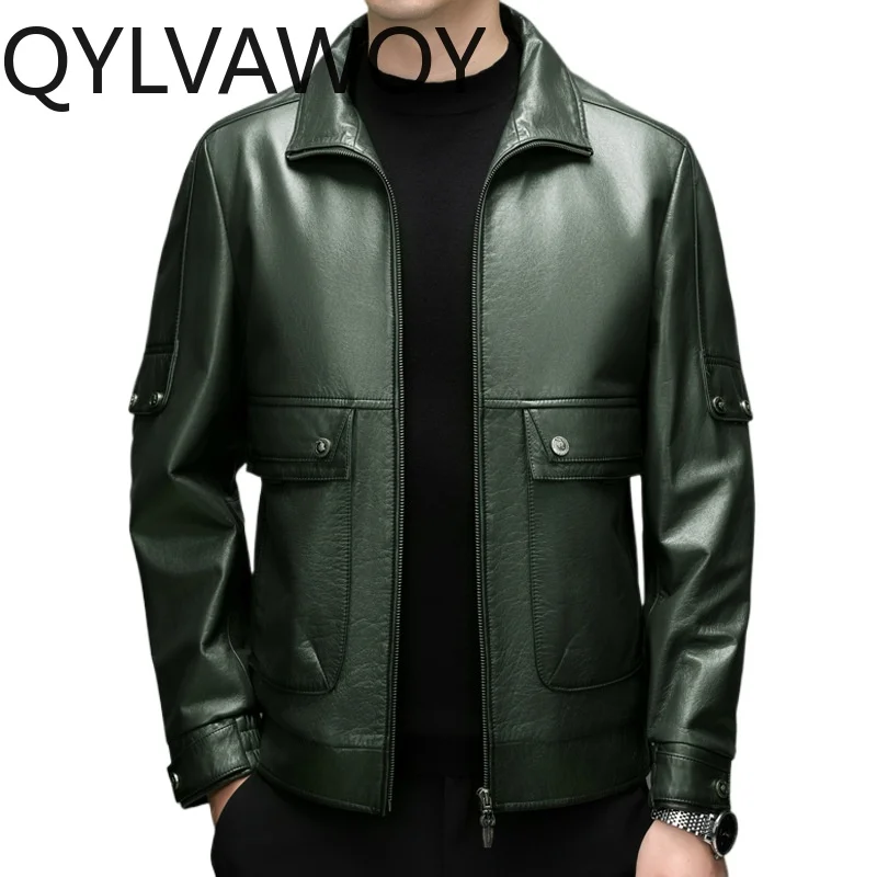 

Кожаная куртка QYLVAWOY из натуральной воловьей кожи, мужская короткая куртка, мотоциклетная куртка, куртка с отложным воротником для мужчин, стильная кожаная куртка (Jaqueta De Couro)