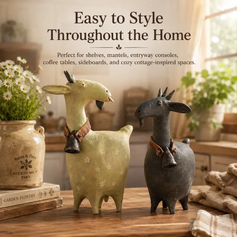 Resin Whimsical Farmhouse Goat Figurine Set Rustic Table‑Top Animal Ornaments for Shelf Mantel Cabinet Home Decor Gift
