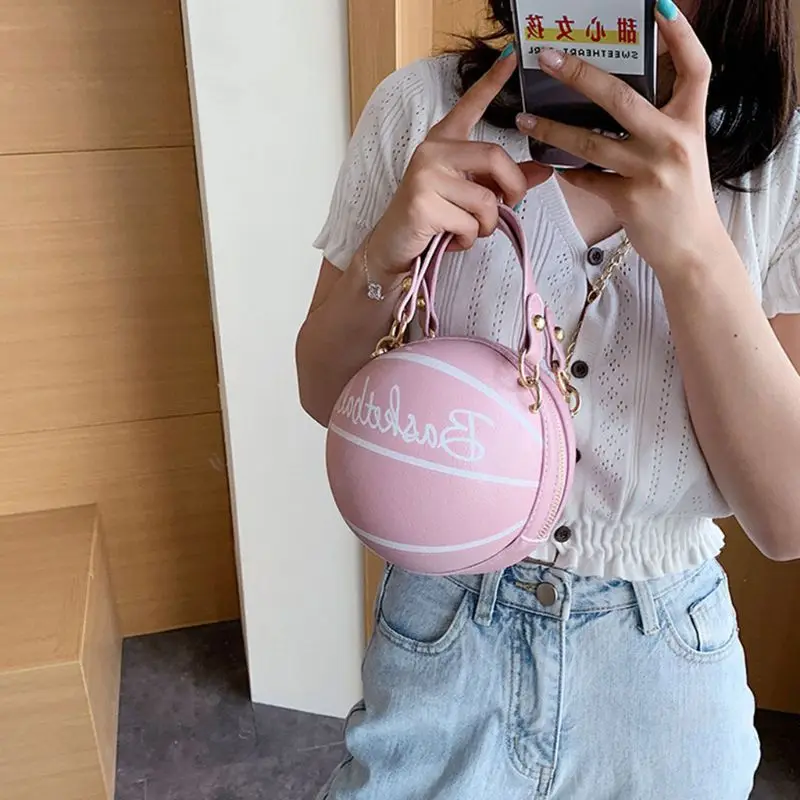 

Women Basketball Round PU Leather Shoulder Crossbody Bag Tote Chain Satchel