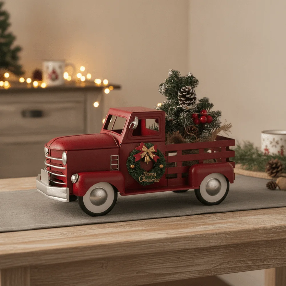 American Rustic Style Red Truck with Christmas Tree Ornament Vintage with Light Desktop Truck Figurine Metal Mini