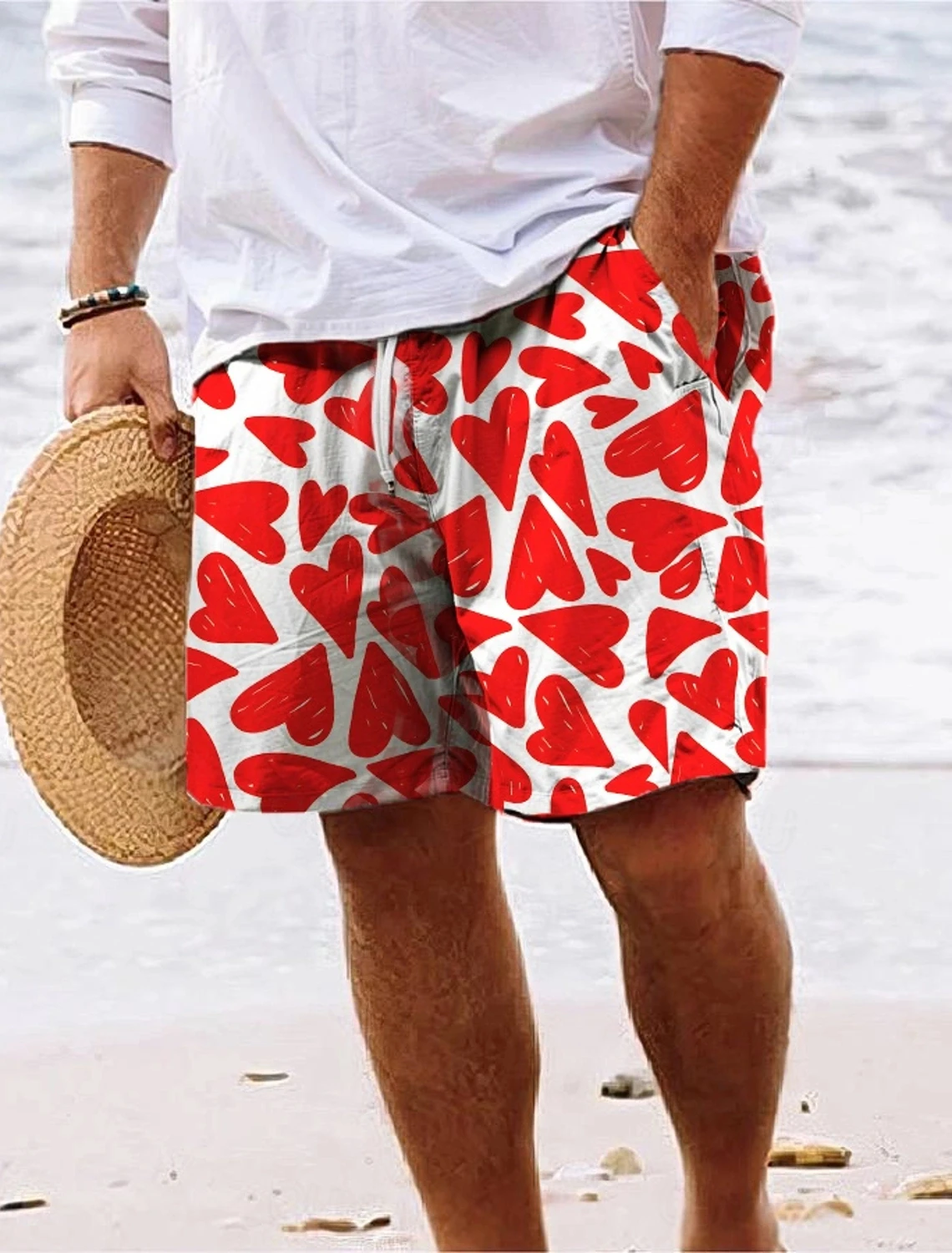 하트 프린트 남성용 보드 반바지 하와이 휴가 드로우 스트링 수영 서핑 반바지 여름 패션 비치 반바지 통기성 짧은 바지