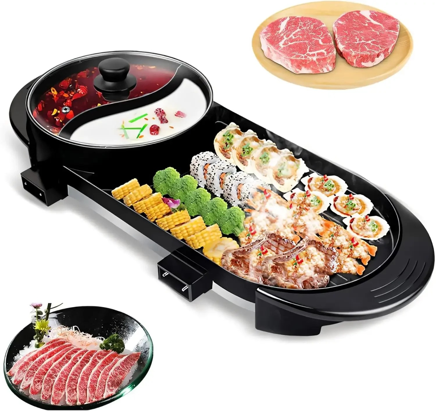 

Electric Grill and Hot Pot, 2 In 1 Multi-Functional, Removable Hotpot Pot, Large Capacity Baking Tray,Dual Temperature Control