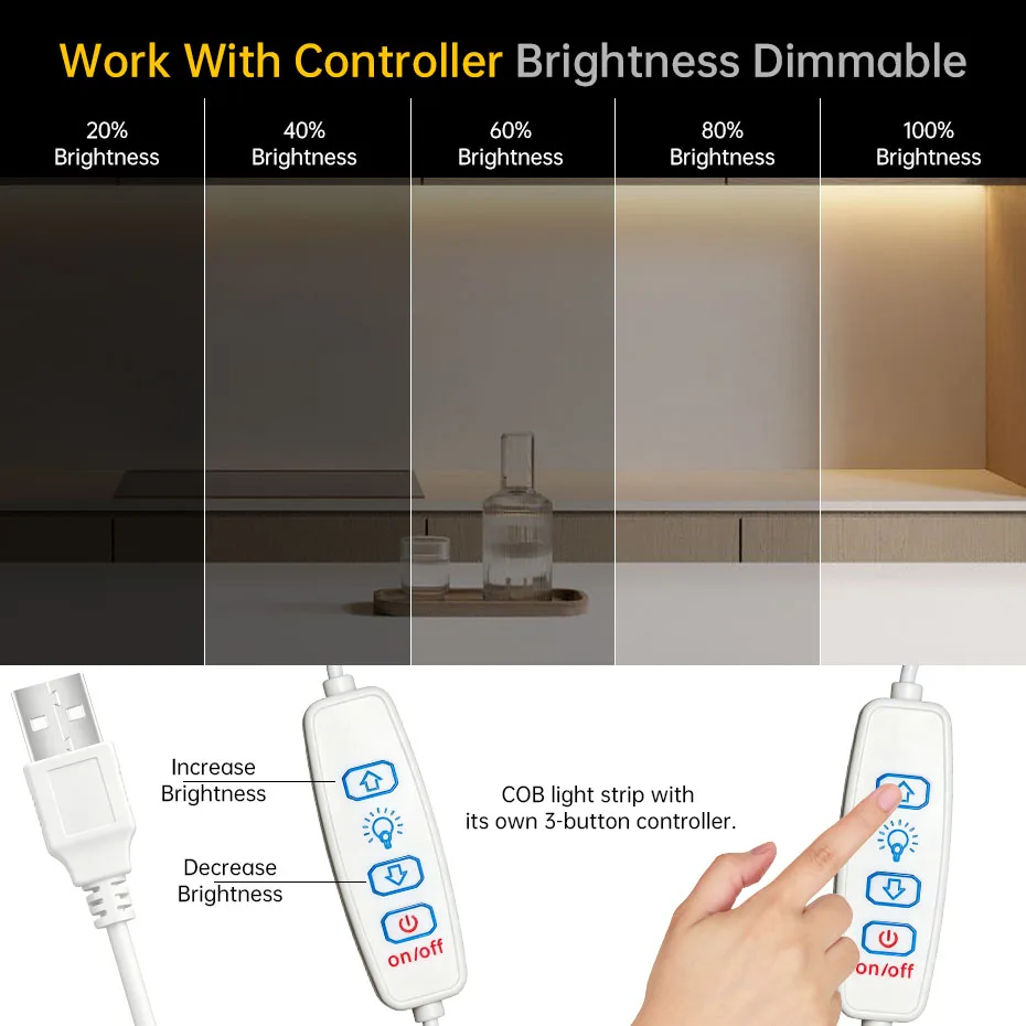 COB LED Strip 5V USB 320LEDs/m 3Key Dimmer 1m-5m 8mm High Density Flexible Tape Adhesive for TV Room Kitchen Stairs Shelf view 2