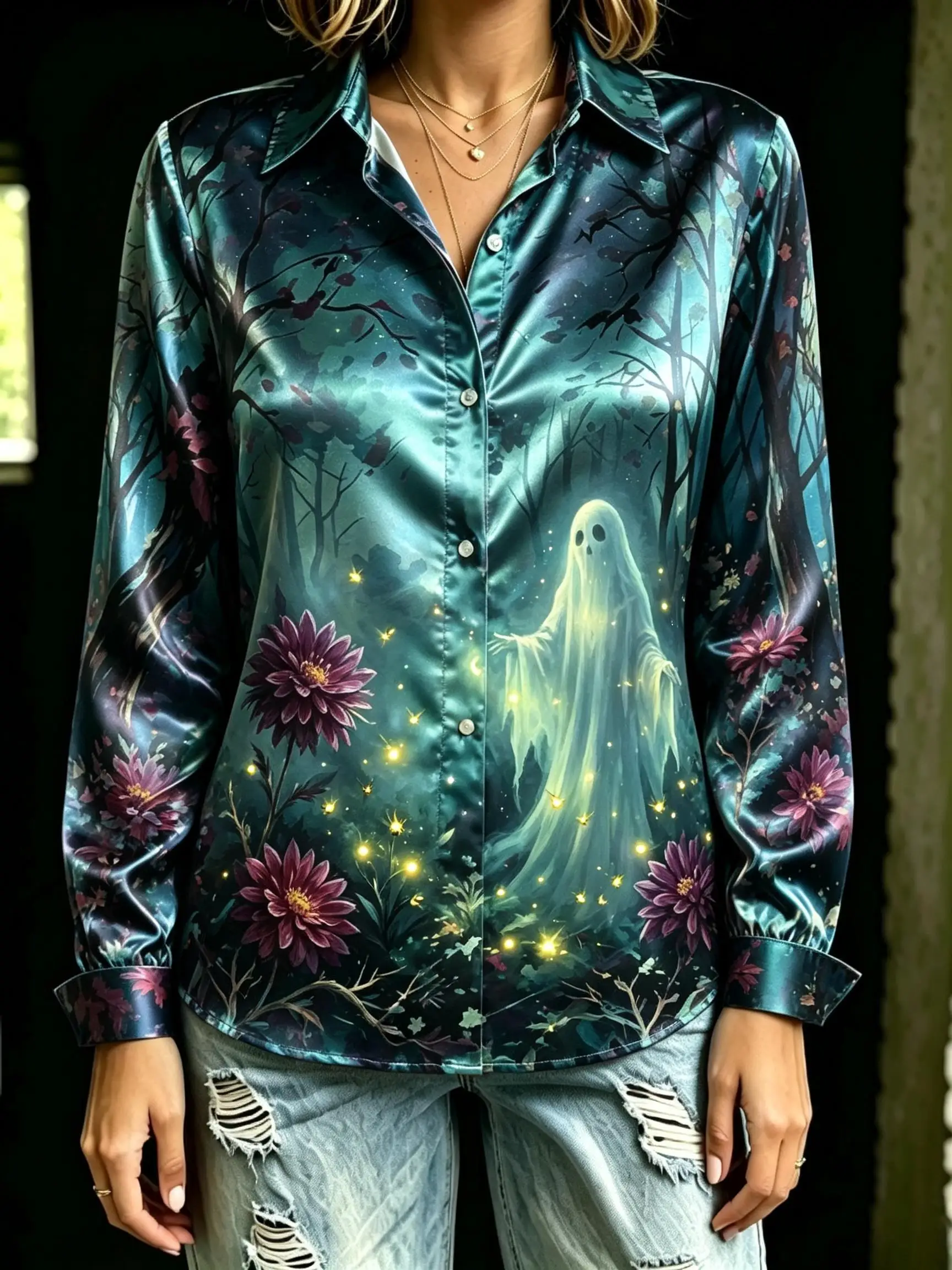 Women Halloween Witch Ghost Crow Pumpkin Print Lapel Collar Long Sleeve Shirt Loose Button‑Down Spooky Casual Office Blouse Tops