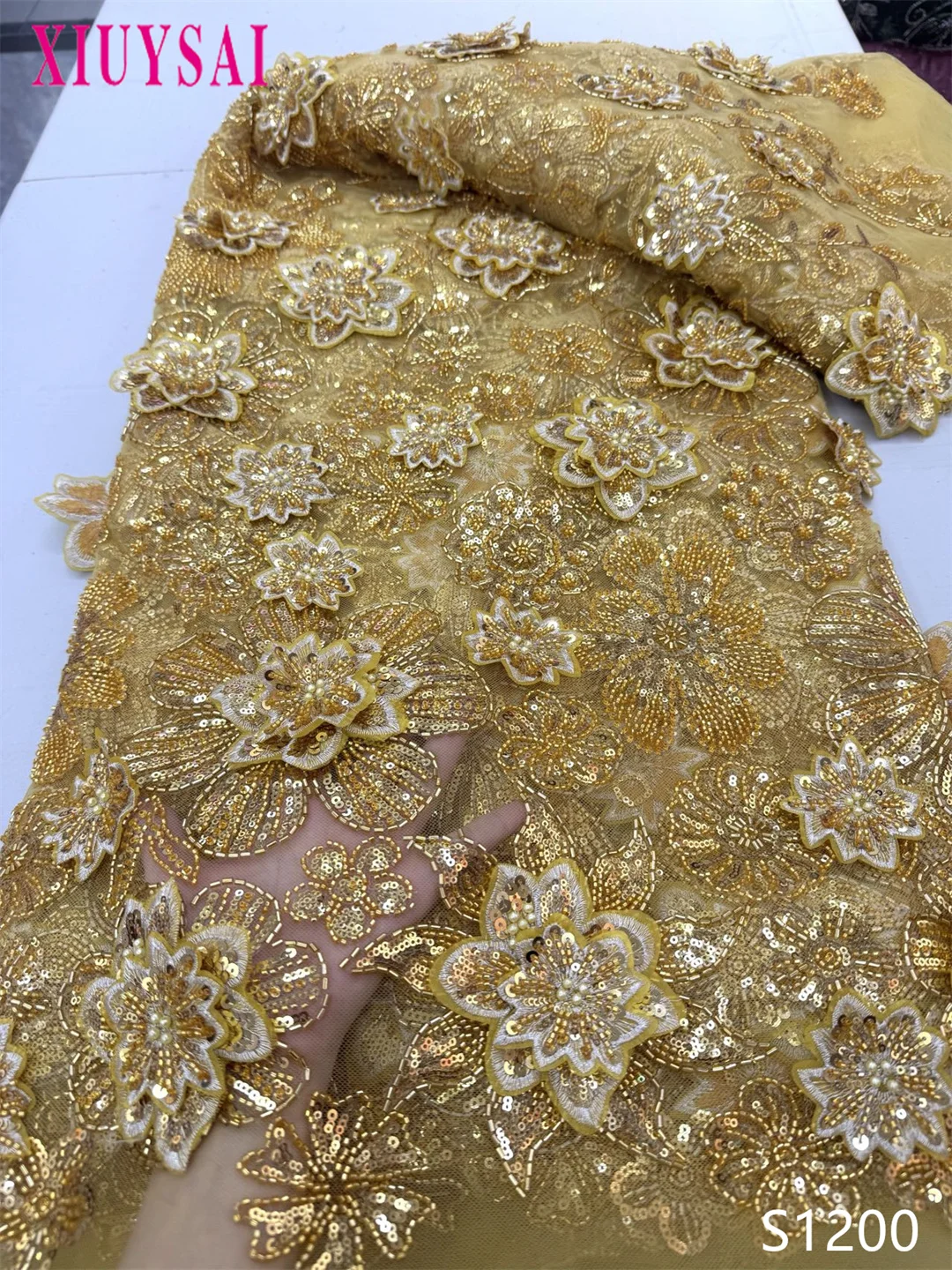 

Luxury Gold Tulle Lace Fabric 5Yards Heavy Beaded Sequin for Party Wedding Dresses African Lace Fabric 2026