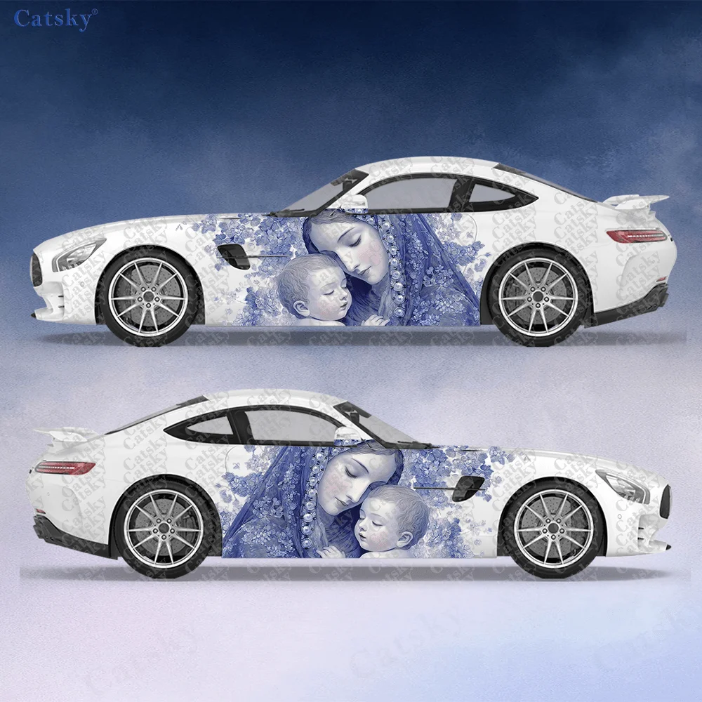 

2pcs Blue Floral Madonna and Child Sticker, Suitable for Cars and Trucks, Durable, Fade-Resistant car vinyl wraps