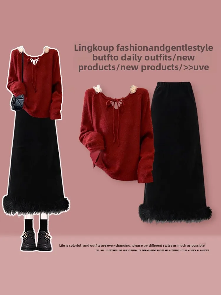 

Red Knitted Sweater And Slimming Hem Skirt Two-Piece Set for Women Ele Autumn Winter New Year Faion plus Size