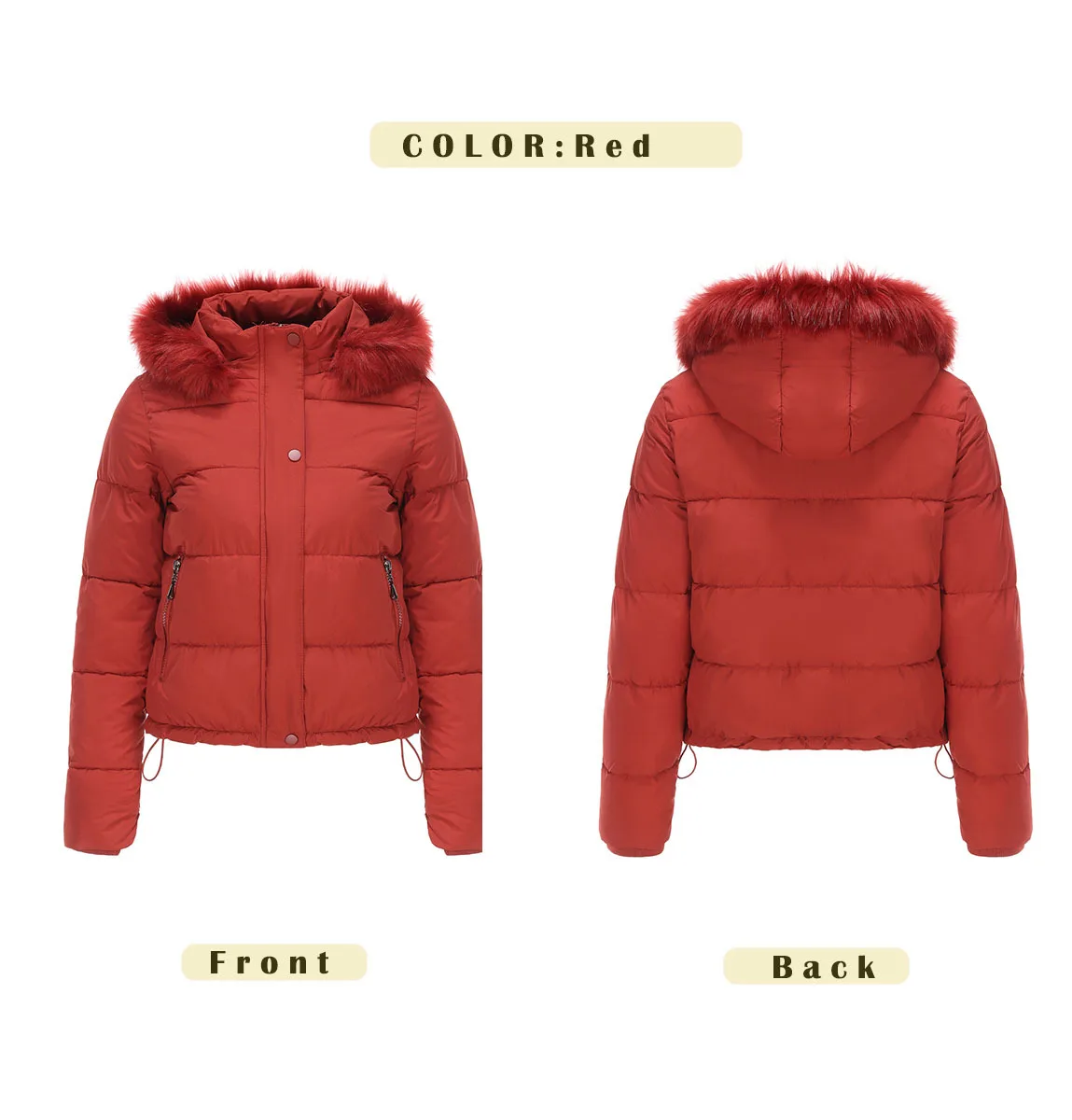 Women Red Hooded Cropped Puffer Jacket Winter Quilted Fleece Lined Parka Warm Short Down Coat Outwear with Pockets