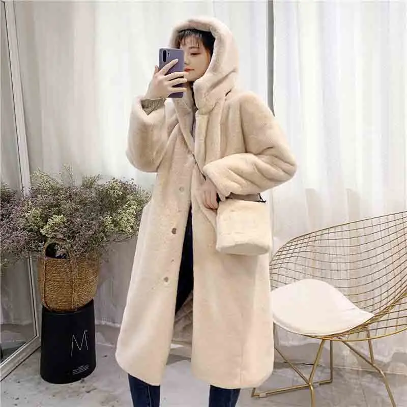 Winter Women Plus Size Faux Rabbit Fur Coat Thick Warm Female Plush Coats Luxury Long Fur Coat Loose Lapel OverCoat