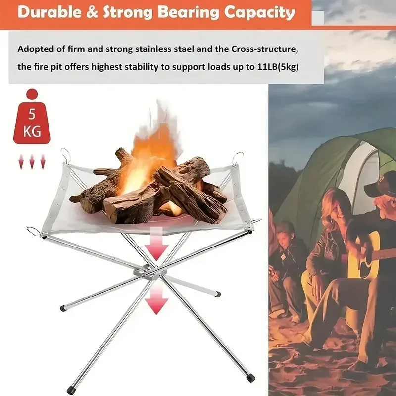 BBQ Bonfire Stainless Steel Outdoor Camping Campfire Fire Rack Foldable Mesh Fire Pit Wood Stove Fire Frame Rack GardenBackyard
