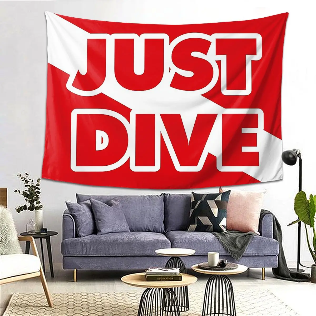 Just Dive, Scuba Diving Flag Tapestry Decoration Art Aesthetic Tapestries for Living Room Bedroom Home Wall Cloth Wall Hanging