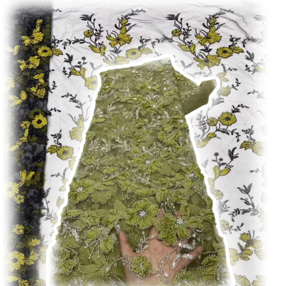 

Высокое качество, африканская 3D цветочная вышитая кружевная ткань, бусины, французская ткань, тюль с блестками, кружево для нигерийского свадебного платья SZ1180