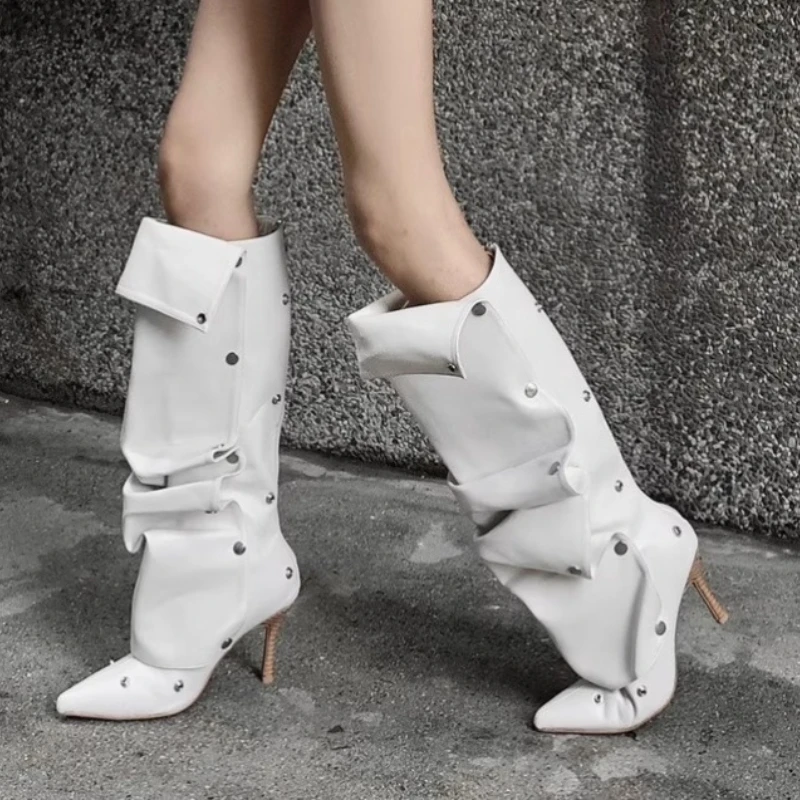 

Designer Women Boots Fashion Pointe High-heel Boot Pleated Design Knee-high Boots Trouser Leg Boots for Women Botas Largas Mujer